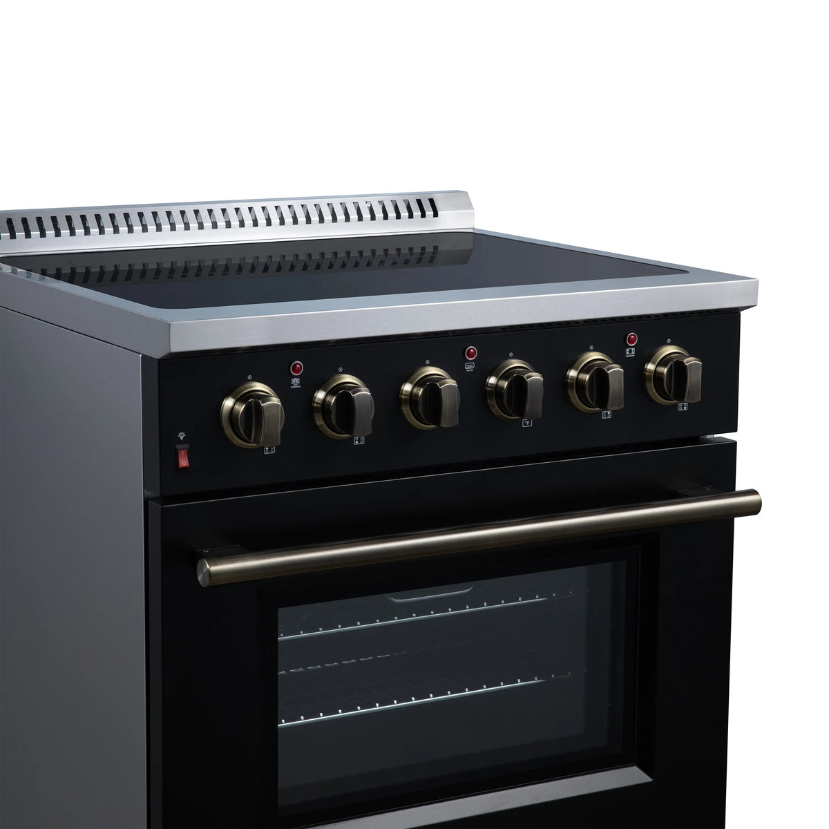 Black electric range with four radiant burners, brass control knobs, and lit oven window