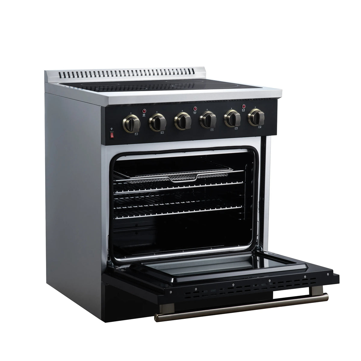 Black freestanding electric range with open oven door and four brass-finished burner knobs