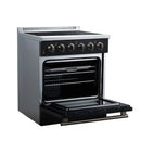 Black freestanding electric range with open oven door and four brass-finished burner knobs