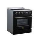 Black freestanding electric range with four brass-finished burner knobs and oven door