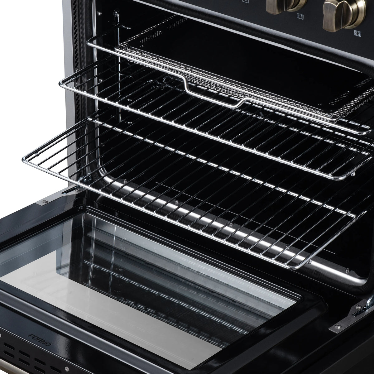 Black electric range oven with two wire racks, open door showing dark interior