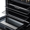 Black electric range oven with two wire racks, open door showing dark interior