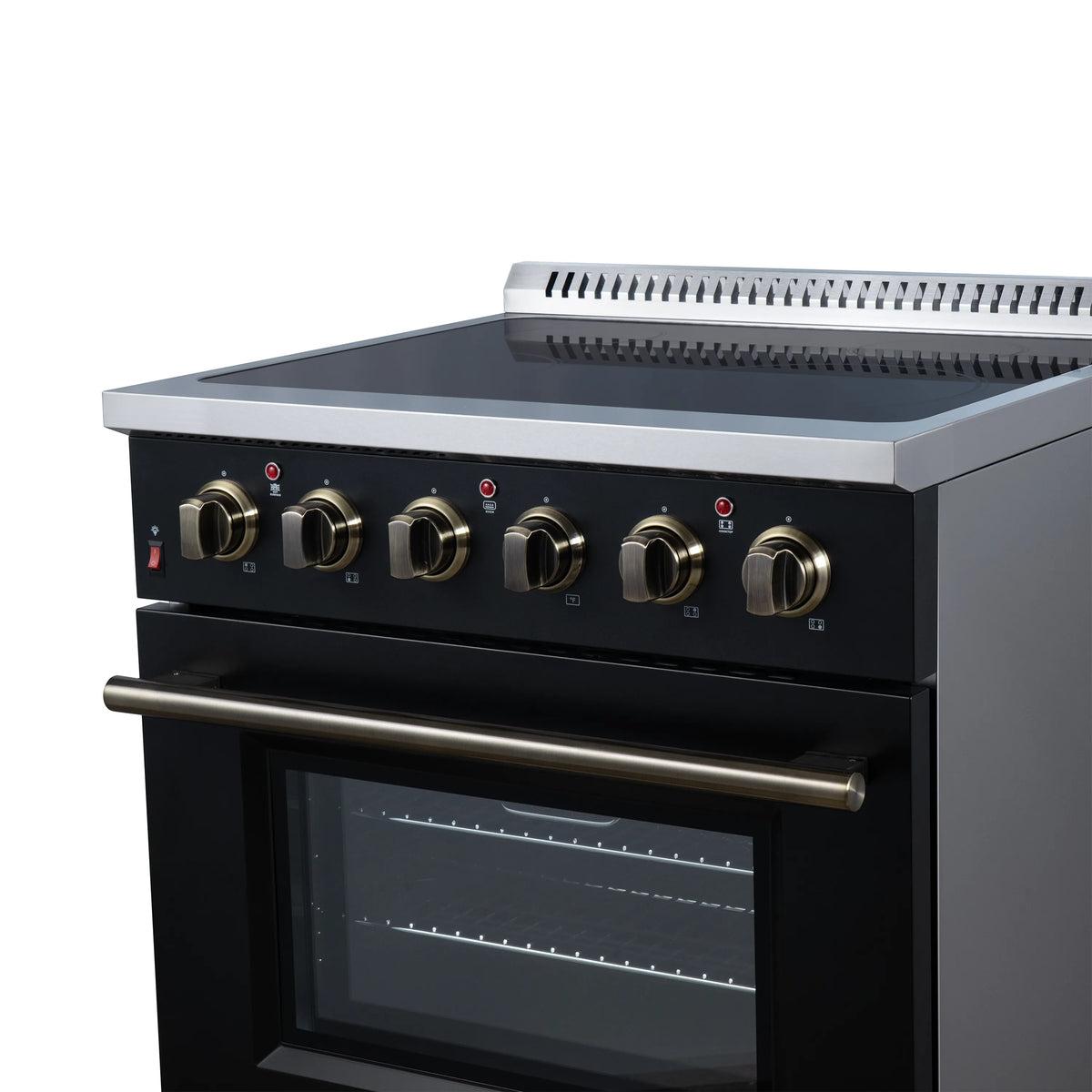 Black electric range with round gold control knobs and glass oven door window