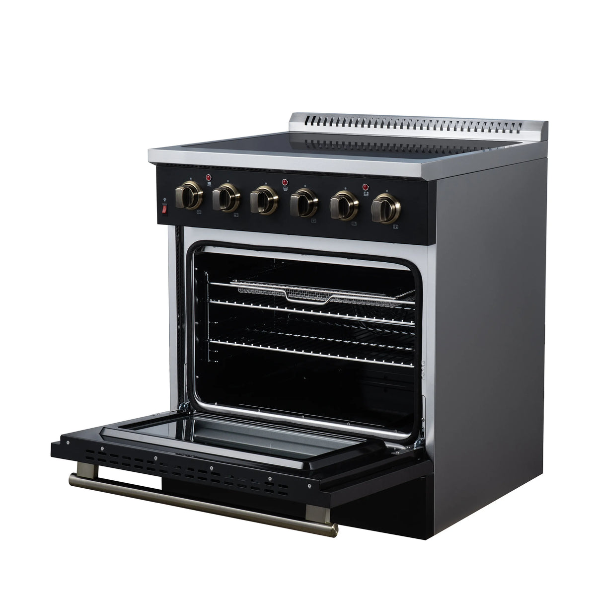 Black electric range with open oven door, wire racks inside, and lower cooking tray