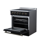 Black electric range with open oven door, wire racks inside, and lower cooking tray