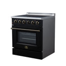 Black 30-inch electric range with gold control knobs and visible oven door window
