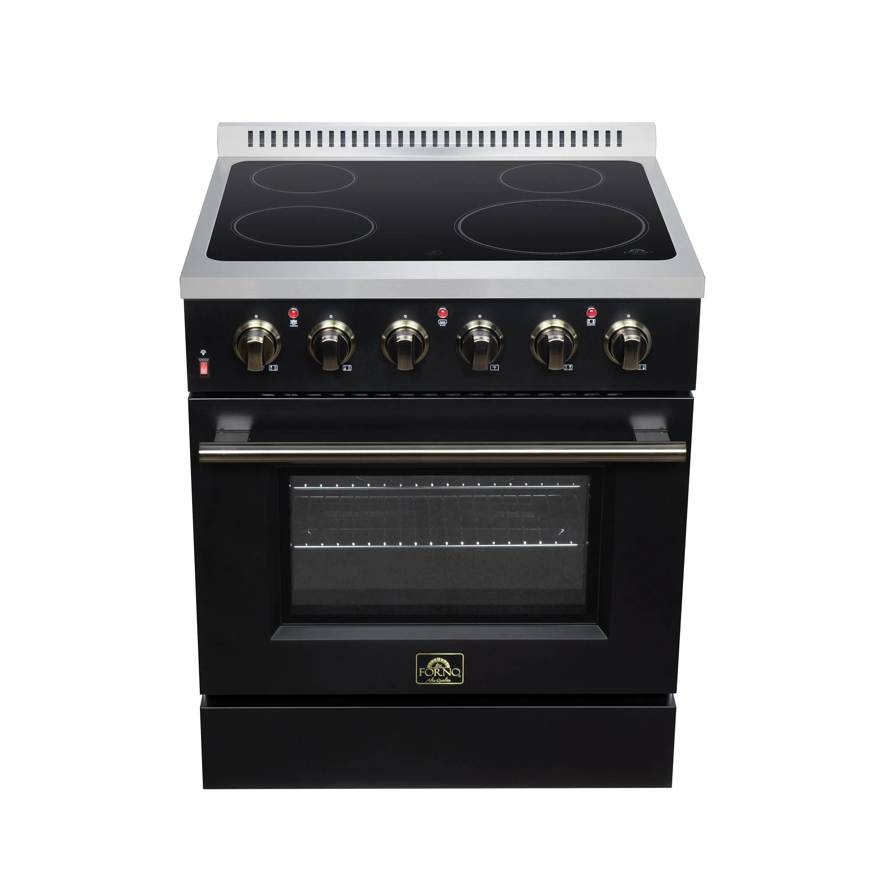 Black electric range with four radiant burners, gold knobs, and glass oven door