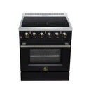 Black electric range with four radiant burners, gold knobs, and glass oven door