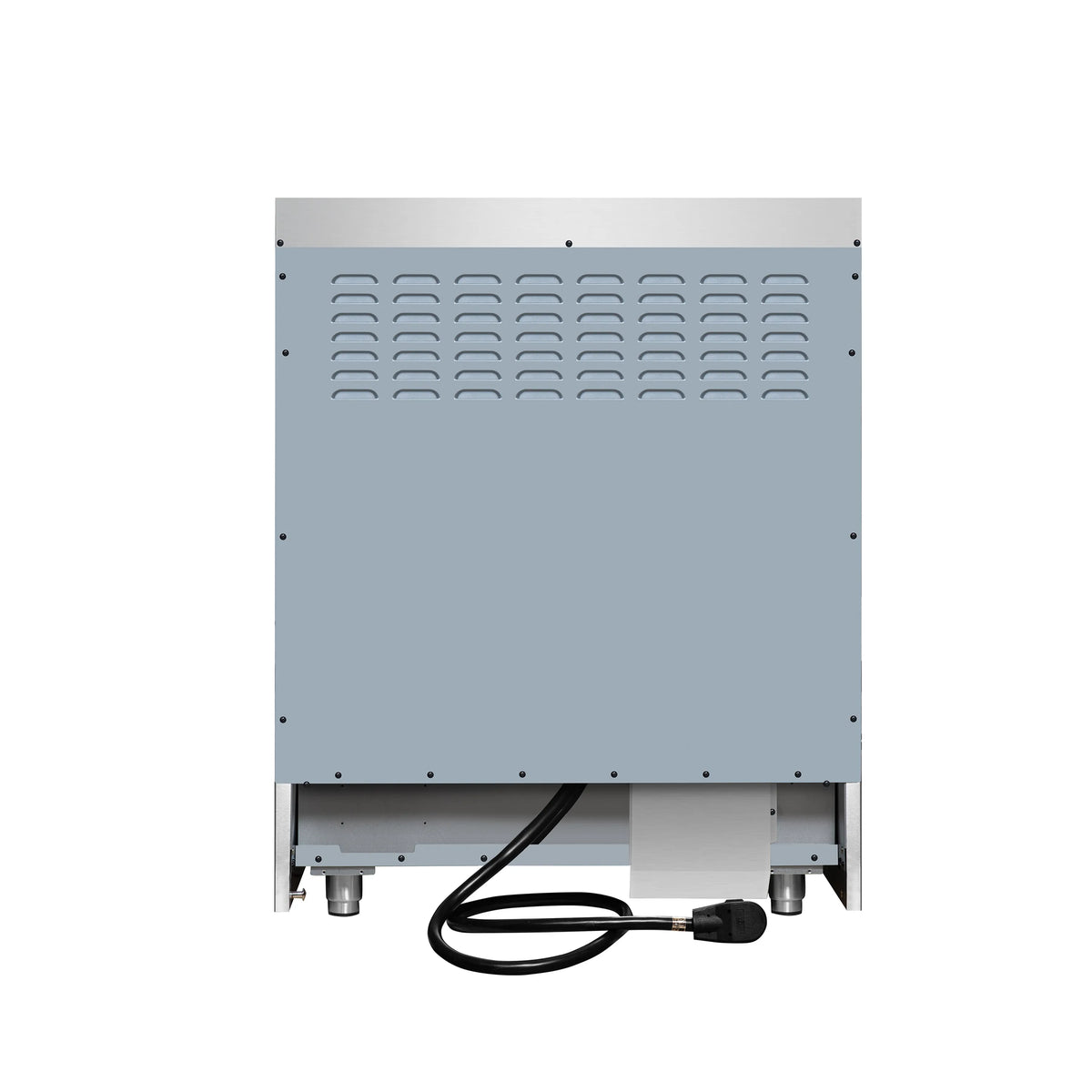 White electric range back panel with vented slots and visible power cord connections