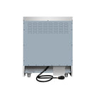 White electric range back panel with vented slots and visible power cord connections