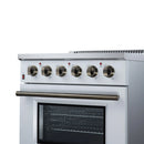 White freestanding electric range with four radiant burner knobs and oven door window