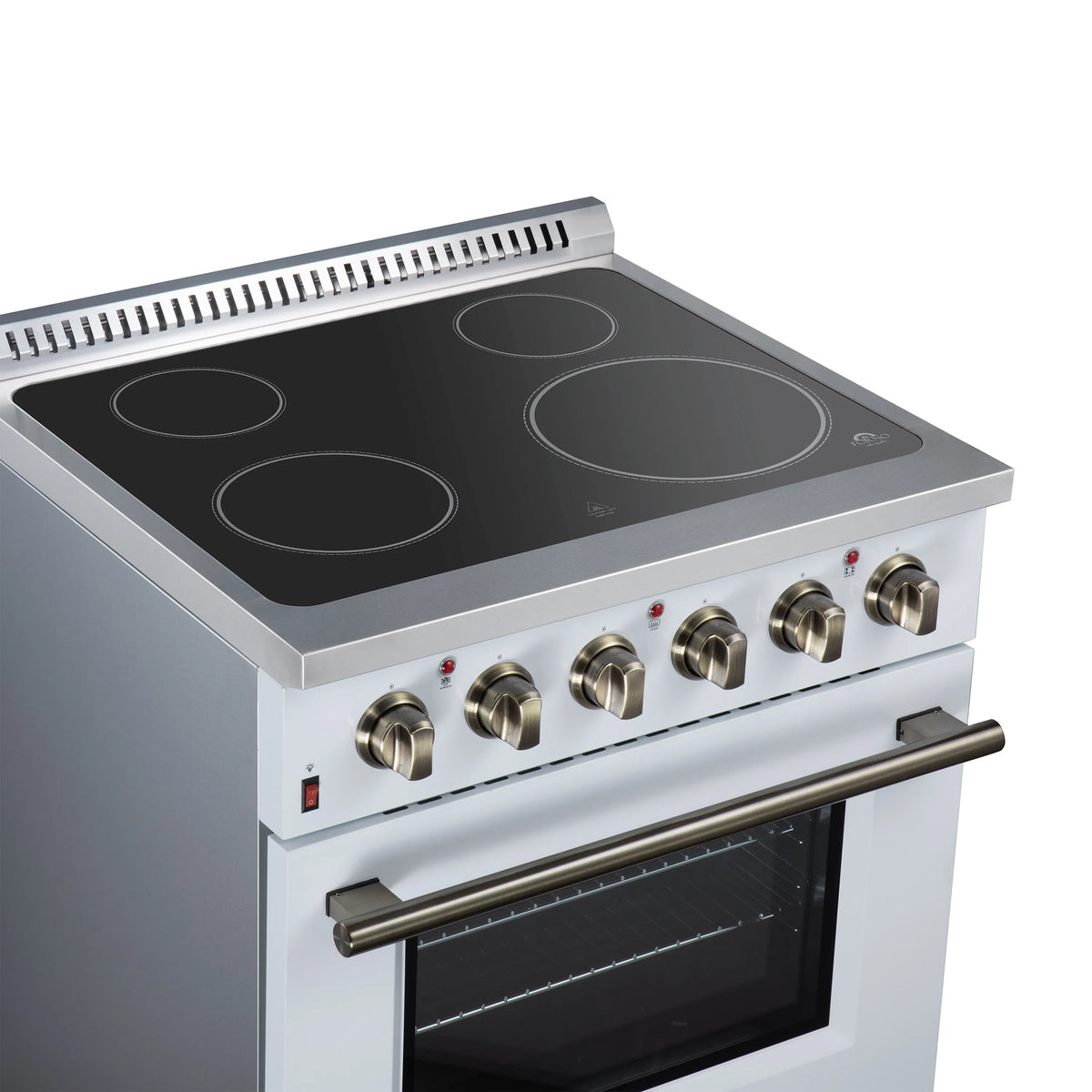White electric range cooktop with four dark radiant burners and brass-finish control knobs