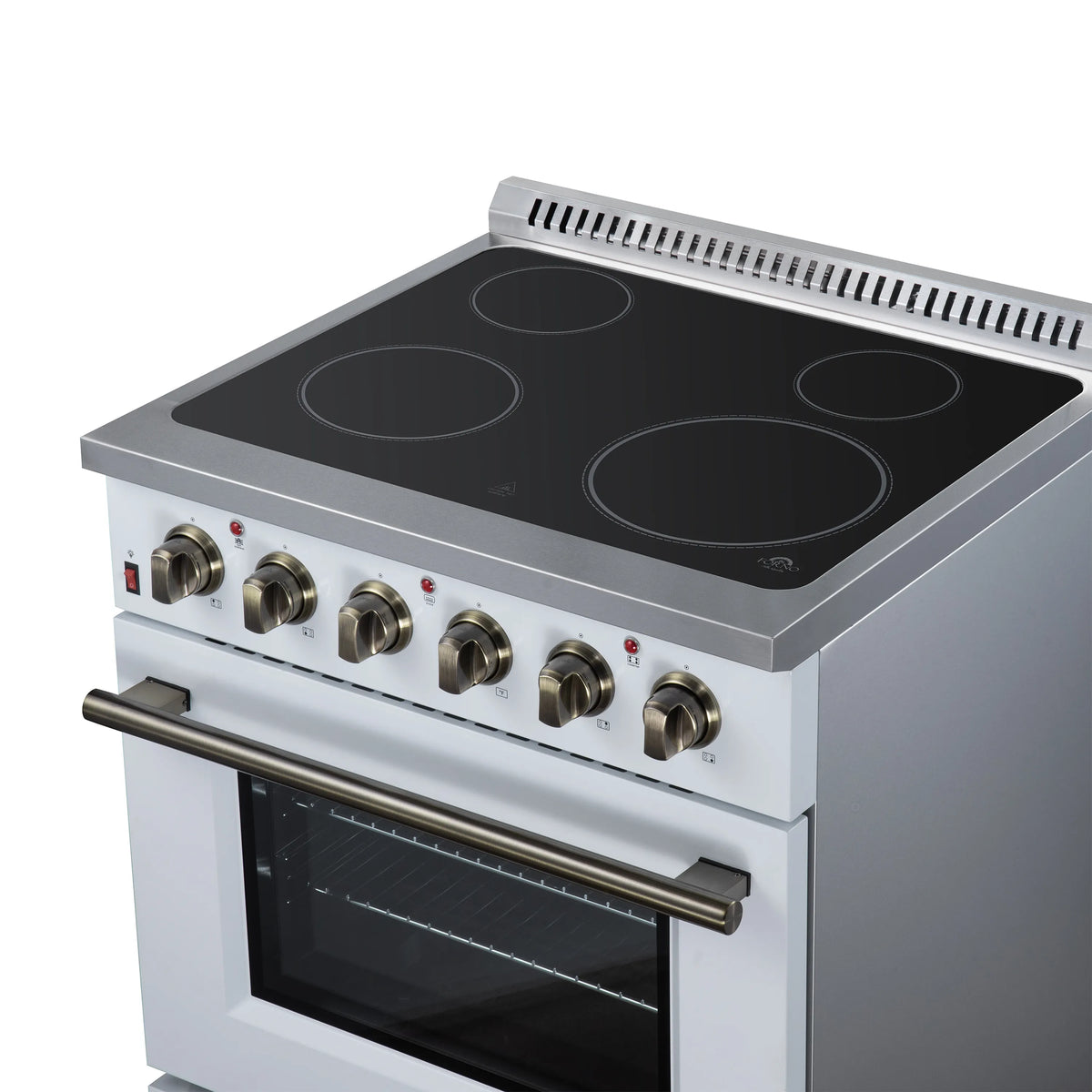 White electric range top with four radiant burners, brass knobs, and open oven door window