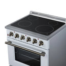 White electric range top with four radiant burners, brass knobs, and open oven door window