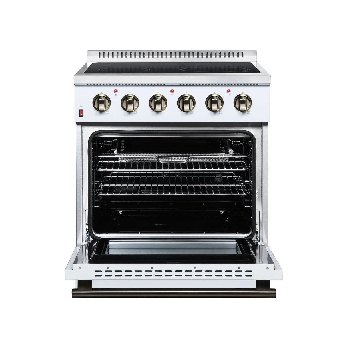 White electric range with open oven door showing baking rack and interior cavity