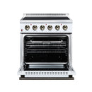 White electric range with open oven door showing baking rack and interior cavity