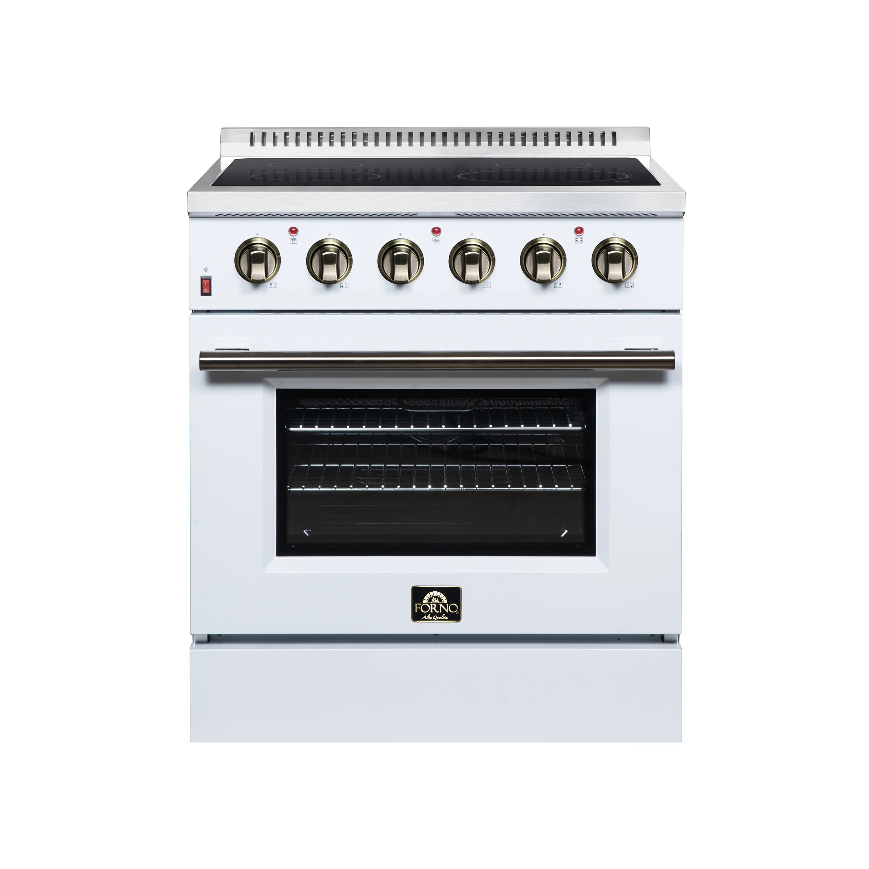 White freestanding electric range with brass knobs, oven door, and closed baking compartment