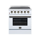 White freestanding electric range with brass knobs, oven door, and closed baking compartment