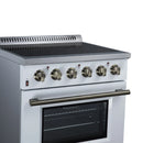 White electric range control panel with six brass knobs, four burners, and oven door window