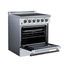White electric range with open oven door and baking rack, plus brass control knobs