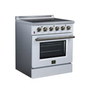 White electric range with brass control knobs, oven door window, and stainless handle