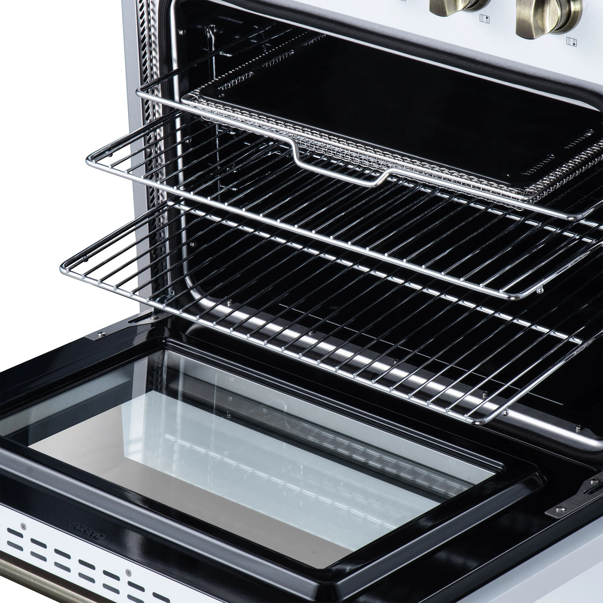 White freestanding electric range oven with wire racks, open door, and black interior