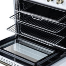 White freestanding electric range oven with wire racks, open door, and black interior