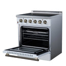 White freestanding electric range with open oven door, wire racks, and brass-tone knobs