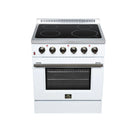 White freestanding electric range with black radiant cooktop and brass-tone burner control knobs