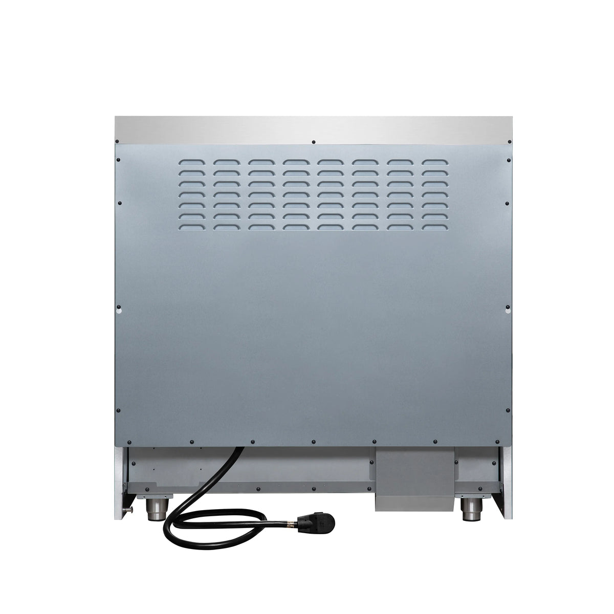 Electric range back panel with vented cover and power cord connection at bottom