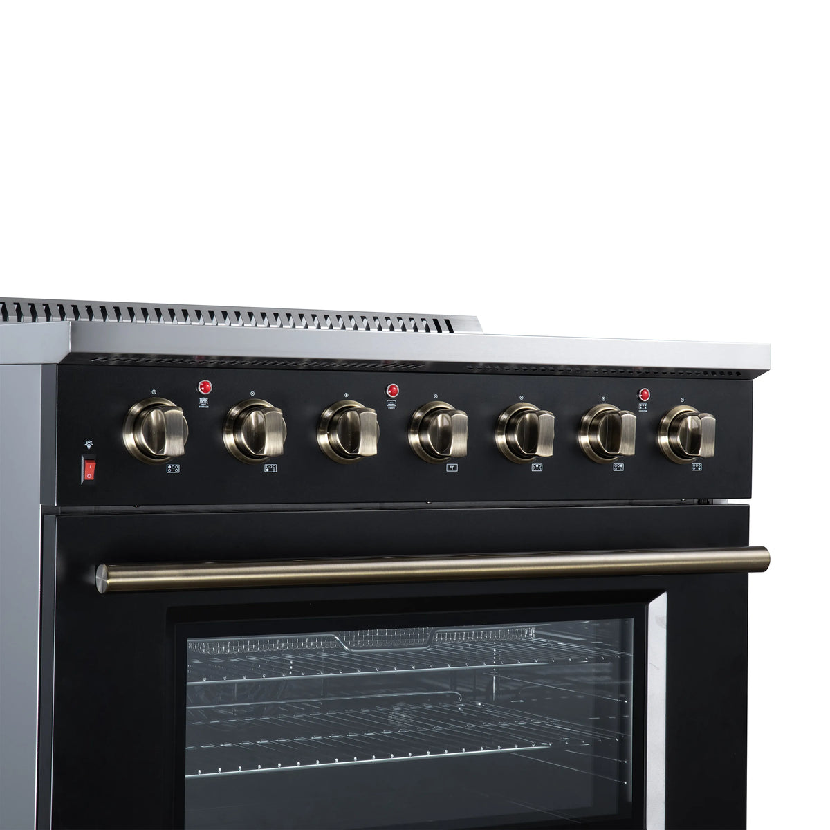Freestanding electric range with black cooktop, brass knobs, and oven window