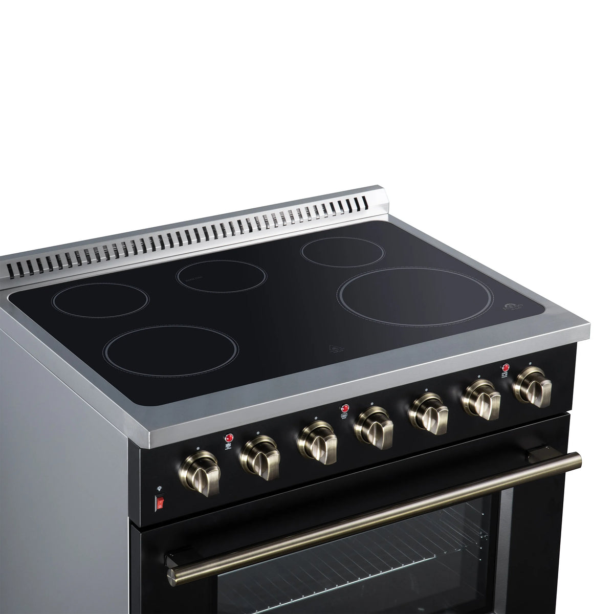 Black electric cooktop with five radiant burner circles and brass-trim control knobs
