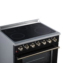 Black electric cooktop with five radiant burner circles and brass-trim control knobs