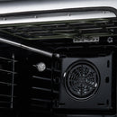 Black oven cavity with rear convection fan and heating elements
