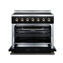 Freestanding electric range with open black oven showing racks and interior walls