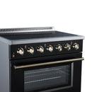 Black electric range control panel with brass knobs above oven door window
