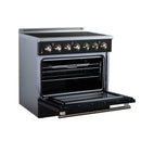 Black electric range with oven door open, visible racks, brass handle trim