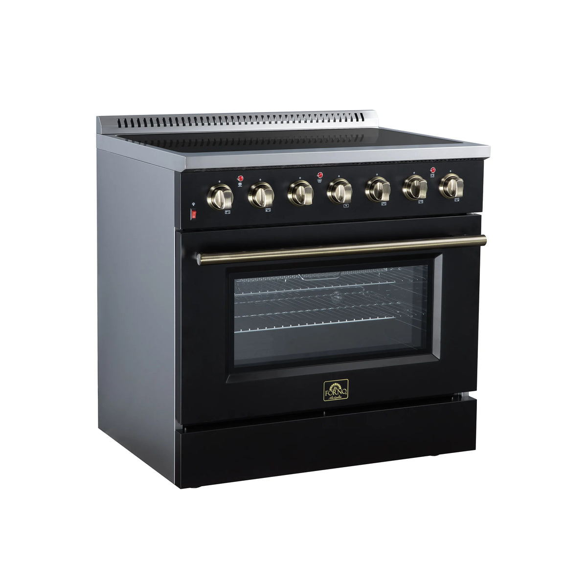 Black freestanding electric range with 6 knobs, windowed oven door, brass trim