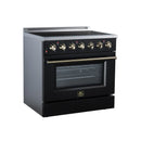Black freestanding electric range with 6 knobs, windowed oven door, brass trim