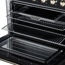Electric range oven with wire rack shelves and black interior floor