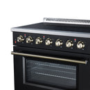 Black electric range front with brass control knobs and oven door window