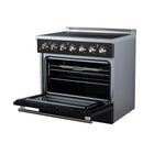 Black freestanding electric range with oven door open and warming tray extended