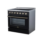 Black freestanding electric range with control knobs, oven window, brass handle trim