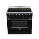 Black electric range with four radiant coil burners and brass-trim control knobs