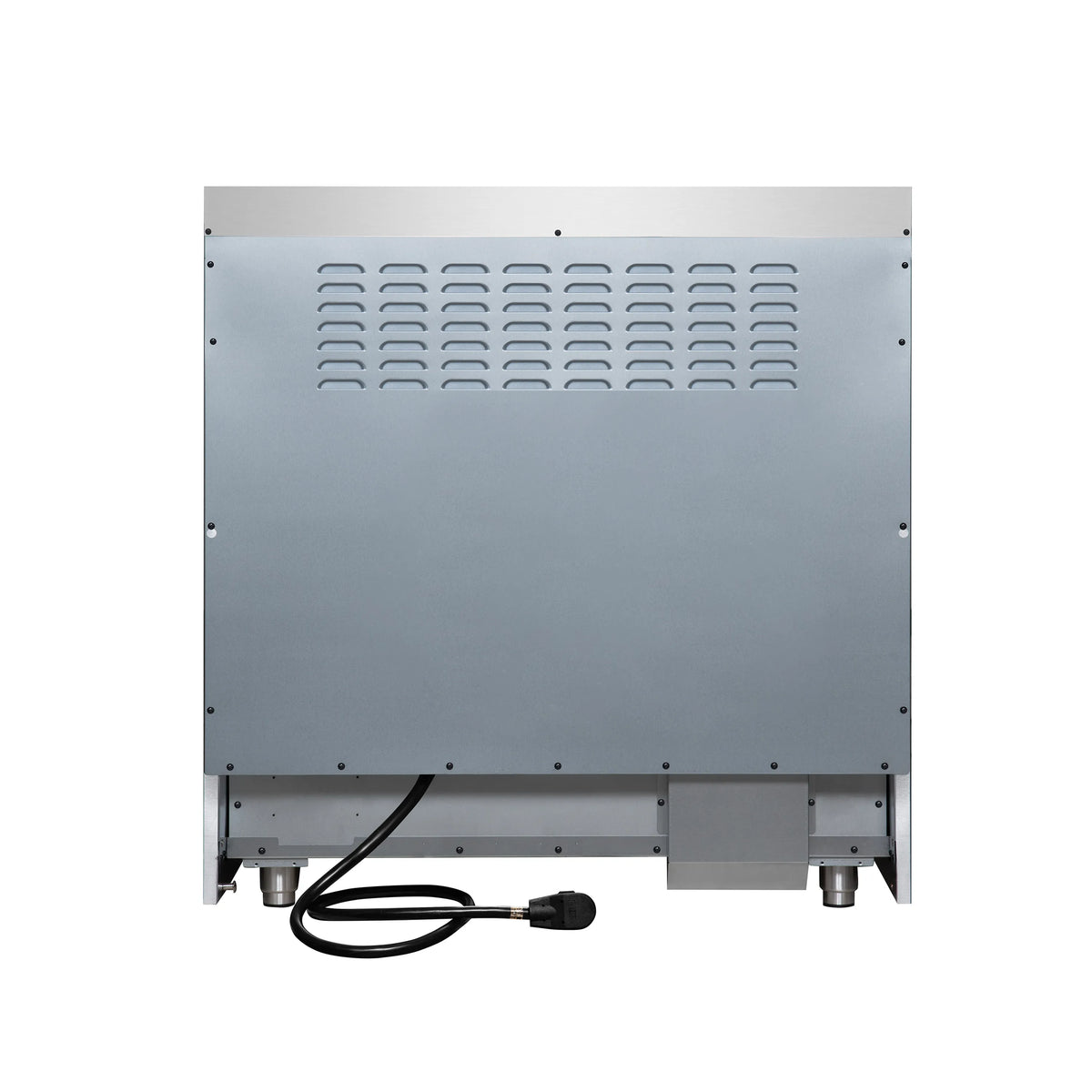 Back of white electric range with vented grille and power cord connection.