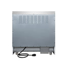 Back of white electric range with vented grille and power cord connection.