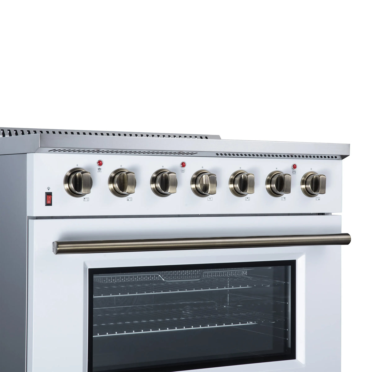 White electric range control panel with brass knobs and long oven handle.