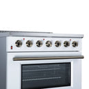White electric range control panel with brass knobs and long oven handle.