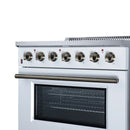 White electric range with oven window display, brass knobs, and radiant cooktop top.