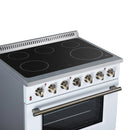 White electric range with black radiant cooktop and brass knobs above closed oven.